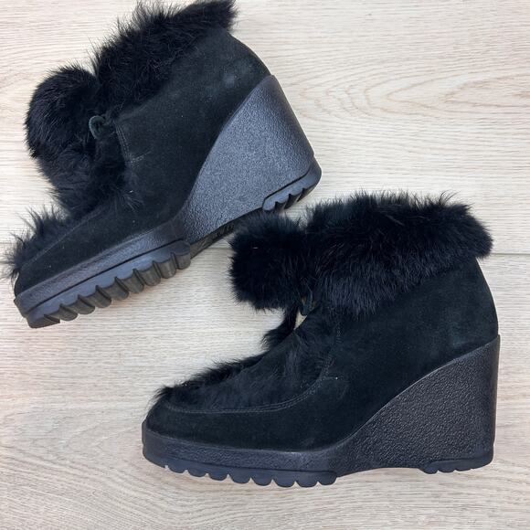 COACH Kataya Black Suede and rabbit fur Wedge Booties size 6.5 - Picture 3 of 12